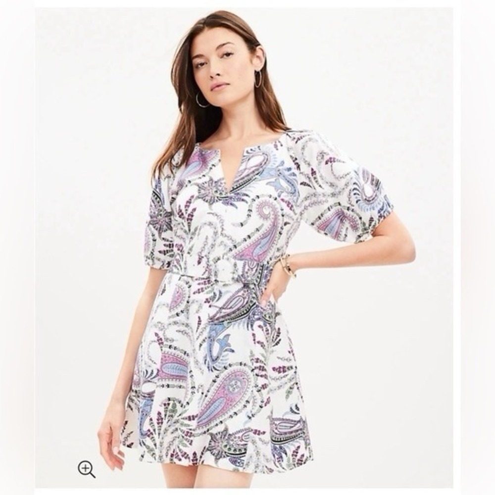 Loft Linen Blend Floral And Paisley Belted Puff Sleeve Mini‎ Dress 2